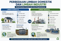 Infografis perbedaan limbah domestik dan limbah industri berdasarkan sumber, contoh, karakteristik, pengolahan, dan dampaknya terhadap lingkungan.