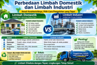 Infografis perbandingan limbah domestik dan limbah industri berdasarkan sumber, kandungan, volume, pengolahan, risiko, serta dampaknya terhadap lingkungan.