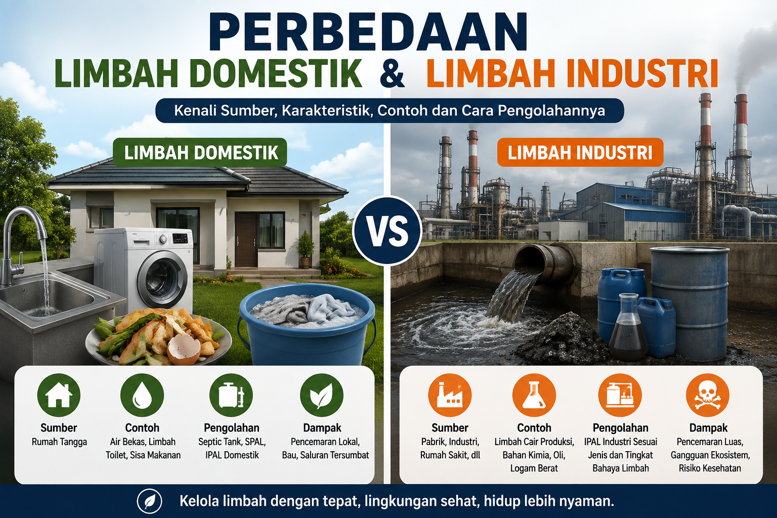 Infografis perbedaan limbah domestik dan limbah industri beserta sumber, contoh, karakteristik, dampak, dan cara pengolahannya.