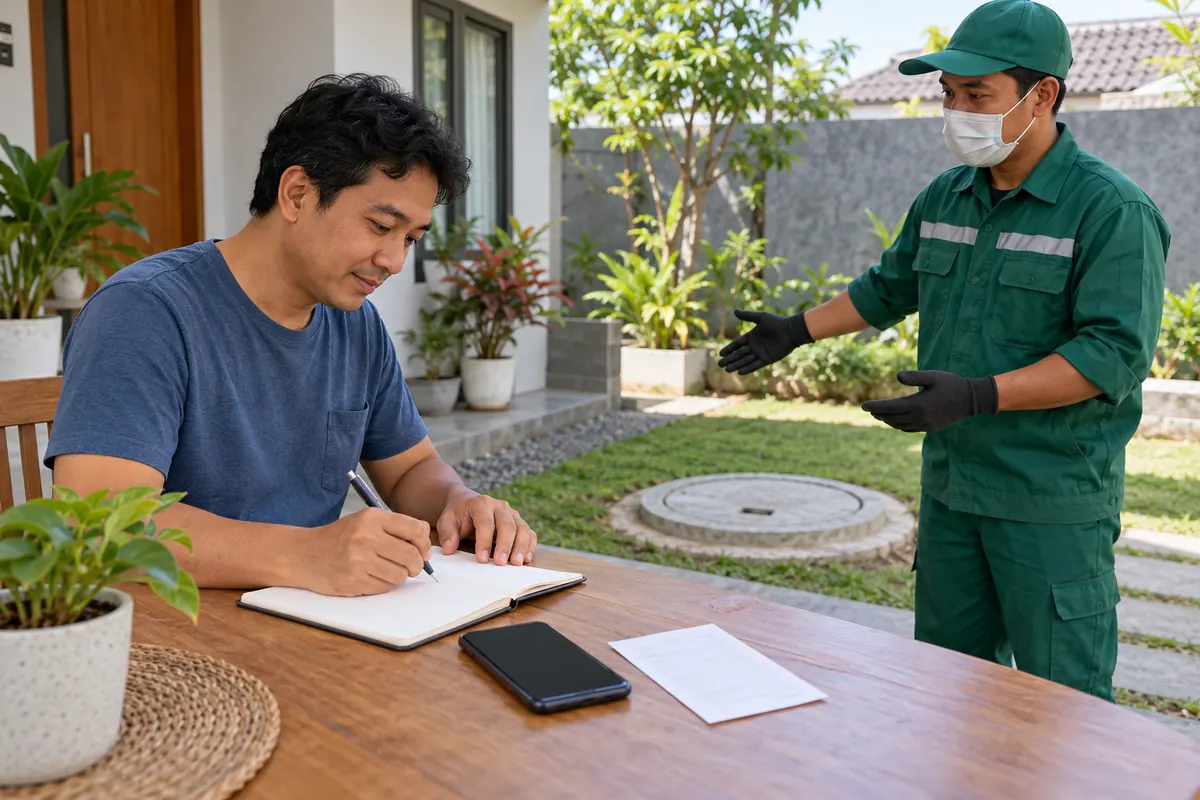 Ilustrasi pemilik rumah mencatat riwayat pekerjaan sambil berbicara dengan petugas