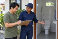 Pemeriksaan hasil setelah sedot WC Ilustrasi pemilik rumah dan petugas mengecek hasil pekerjaan di dekat toilet