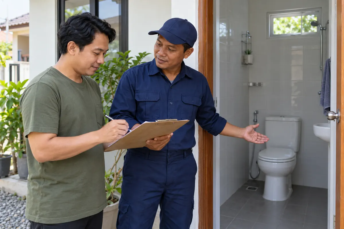 Ilustrasi pemilik rumah dan petugas mengecek hasil pekerjaan di dekat toilet