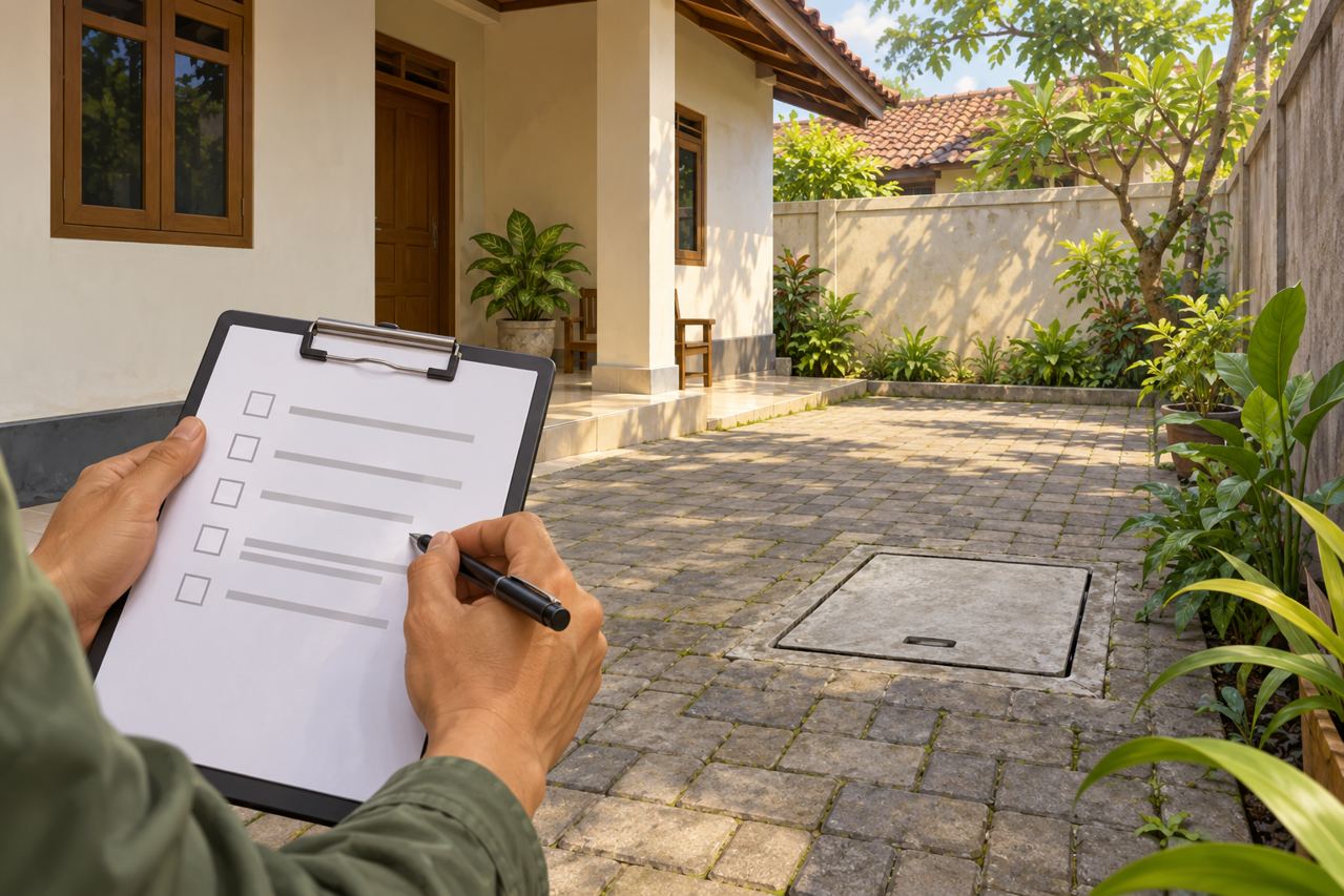 Ilustrasi checklist sanitasi rumah dan akses septic tank yang tetap tertutup sebelum pindahan