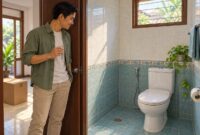 Pemeriksaan kamar mandi rumah lama kosong - ilustrasi AI Ilustrasi pemilik memeriksa kamar mandi rumah lama kosong sebelum ditempati kembali